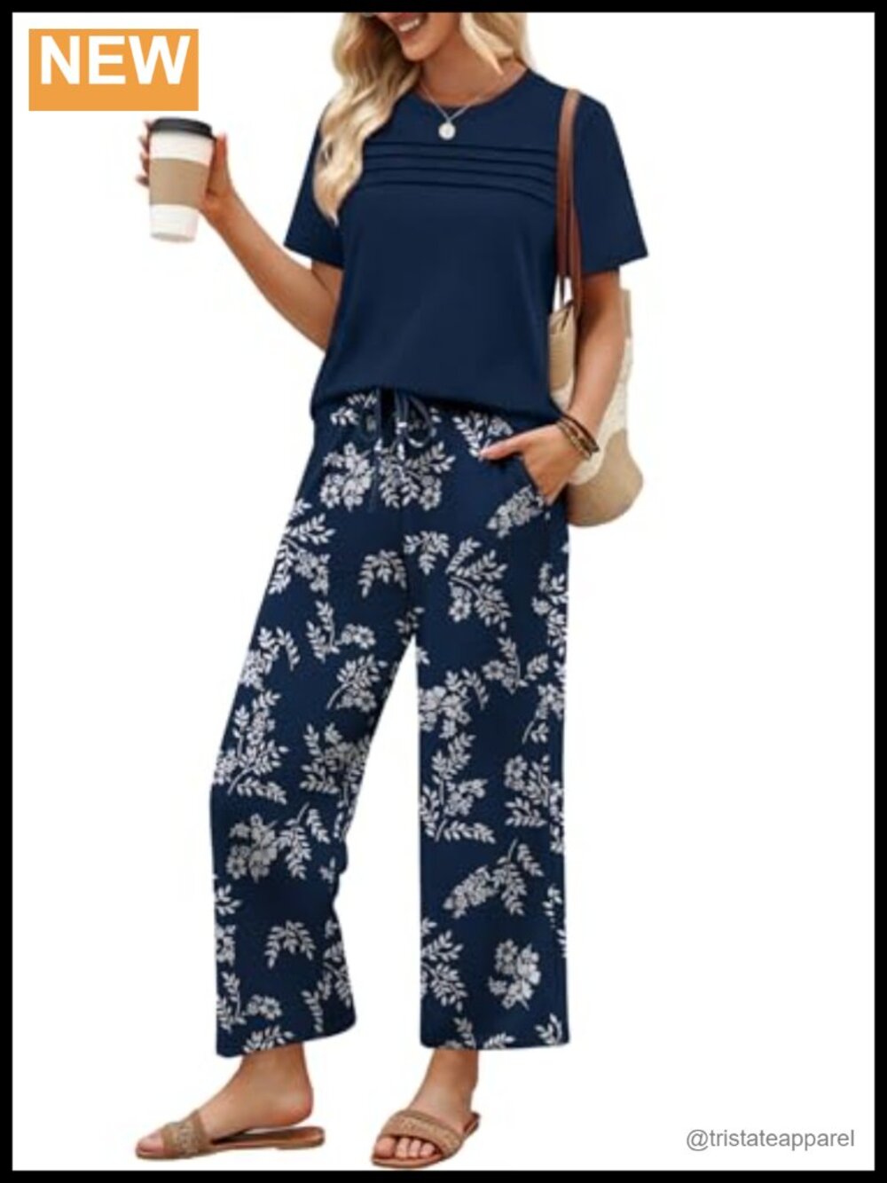 Two Piece Lounge Set Wide Leg Cropped Pants Pleated Top Travel Casual
